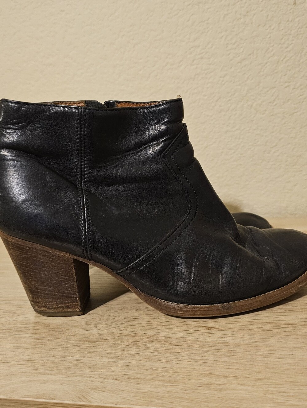 Madewell Black Leather Ankle Booties with Brown Stacked Heel